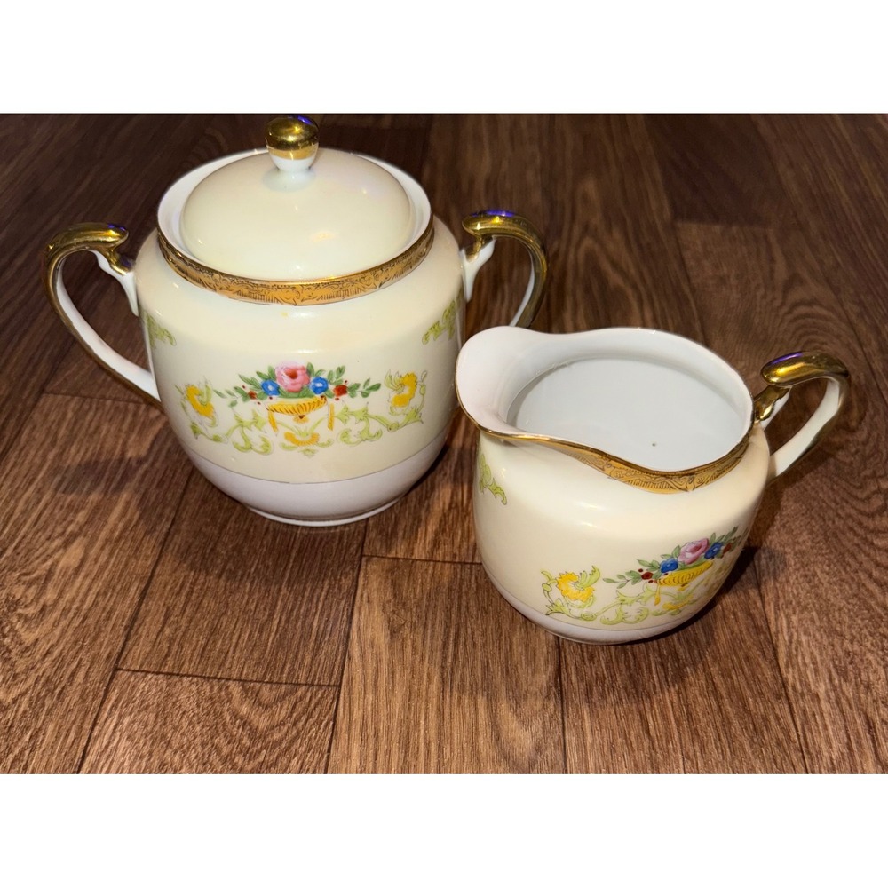Vintage Cream Floral Sugar Bowl with Lid‎ and Creamer Set Made in Japan